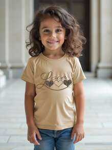 Young Girl Leopard Print Heart Graphic Round Neck Short Sleeve T-Shirt,For Mother's Day