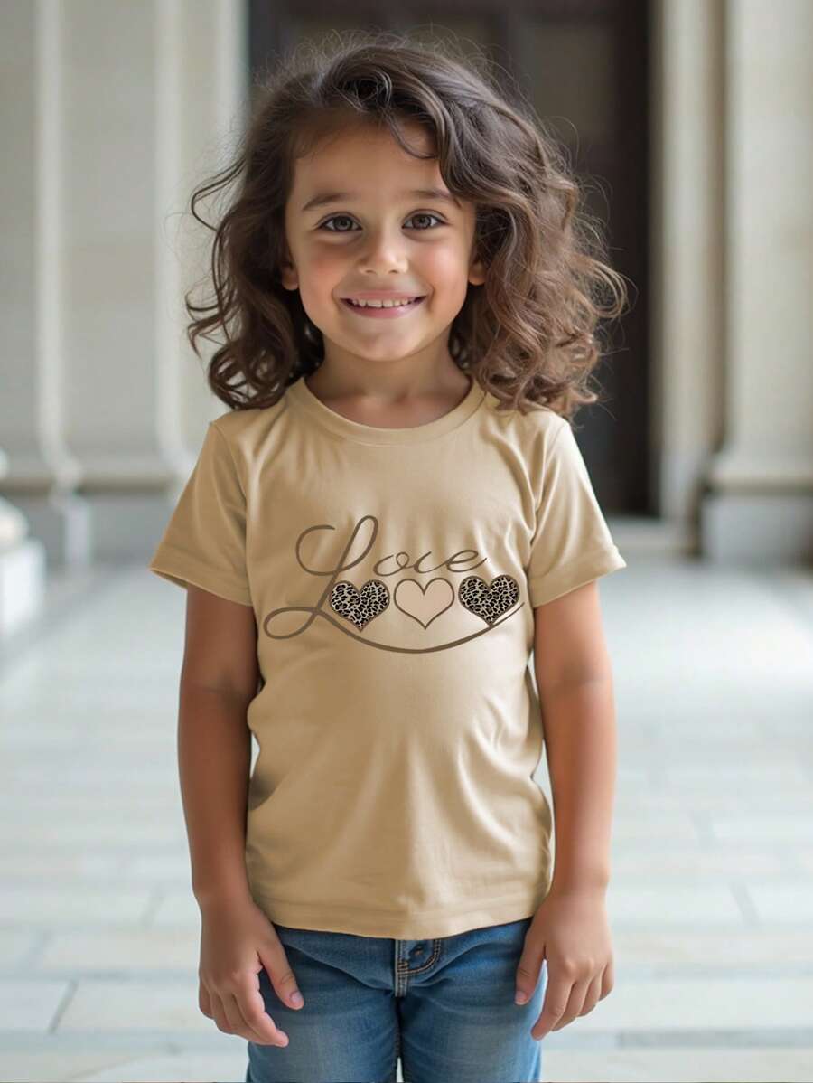 Young Girl Leopard Print Heart Graphic Round Neck Short Sleeve T-Shirt,For Mother's Day