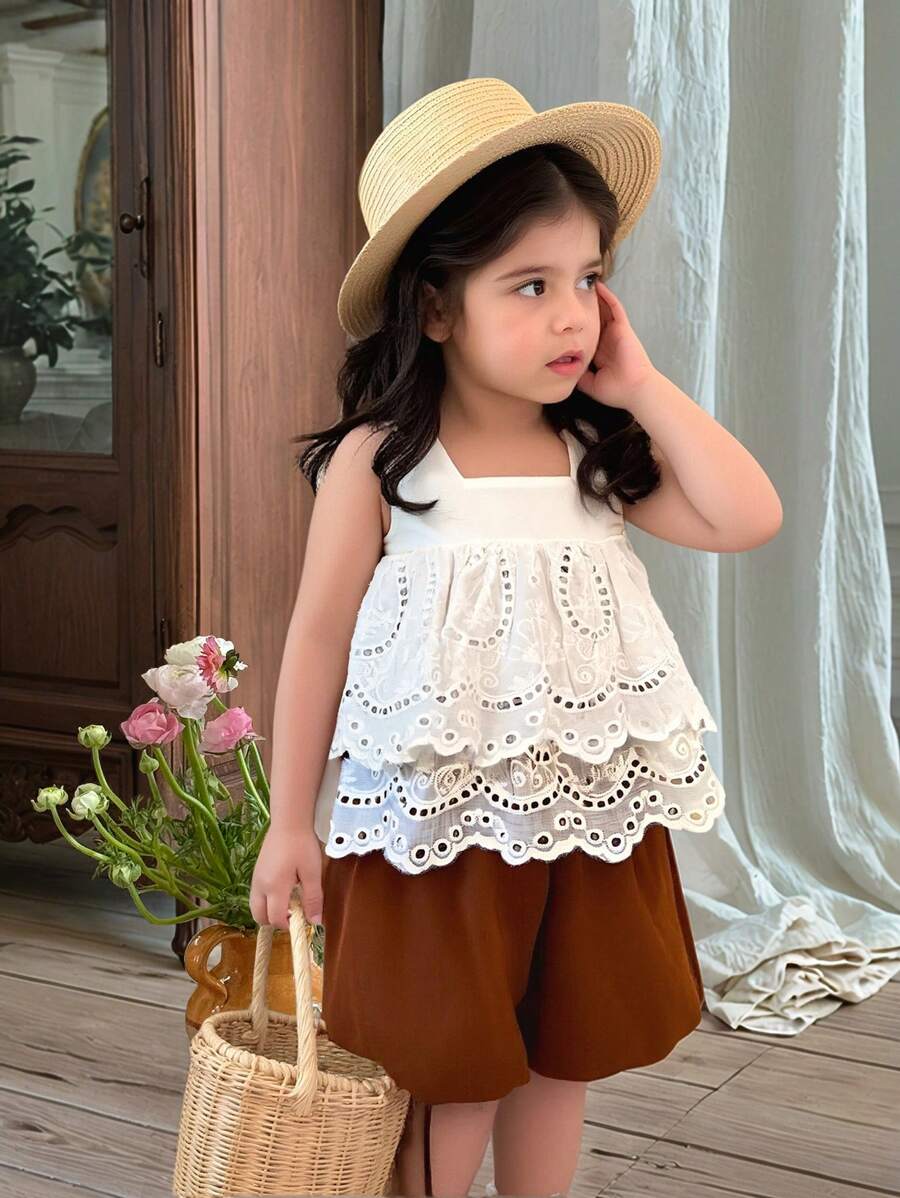 LMoss Kids Conjunto de 2 piezas para niña LMoss: Blusa de cuello cuadrado con volantes en unicolor y pantalones cortos tejidos ajustados, ropa de primavera y verano - Multicolor - Ver 1