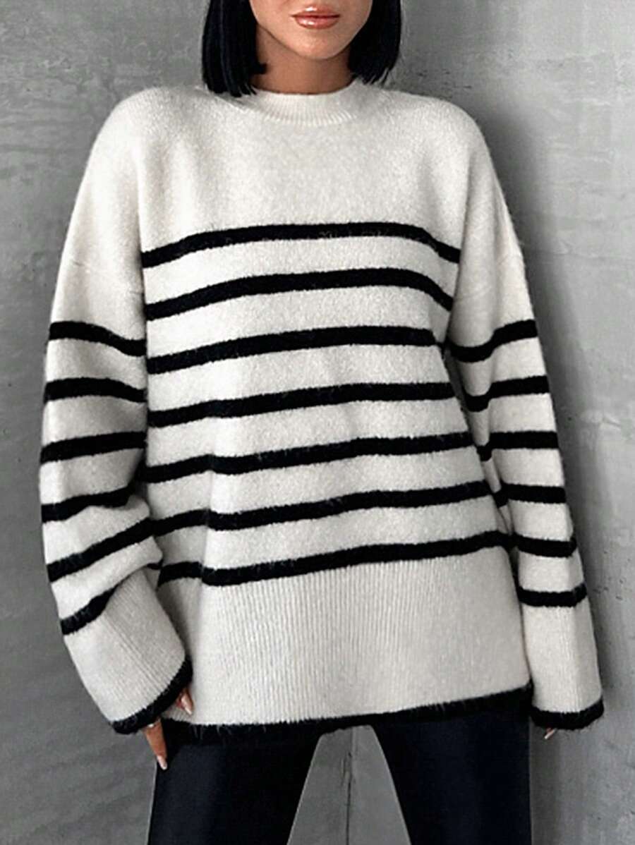 EURMUSE Padrão Listrado Ombro Caído Suéter - Preto e Branco - Ver 1