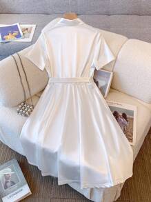 Chiquease 优雅白色短袖衬衫领系带 A 字裙，女士春夏连衣裙 - 白色 - 查看 2