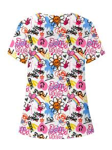 PopScrub Camisa de uniforme para enfermera/médico/examen médico/peluquero de mascotas/nutricionista/laboratorio de talla grande para mujer con cuello en V, manga corta, doble bolsillo, lazo para la oreja, estampado colorido y minimalista de dibujos animados y gráficos, camisa de uniforme de trabajo funcional con múltiples bolsillos