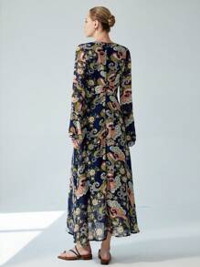 Aveloria Modichic 复古花卉图腾深 V 领高腰修身性感飘逸喇叭袖女式连衣裙 - 彩色 - 查看 2