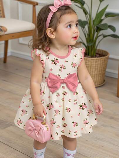 SHEIN Happikins Baby Girl Floral Pattern Sweet Bow Cartoon Print Long Sleeve Dress, Fashionable For Autumn/Winter