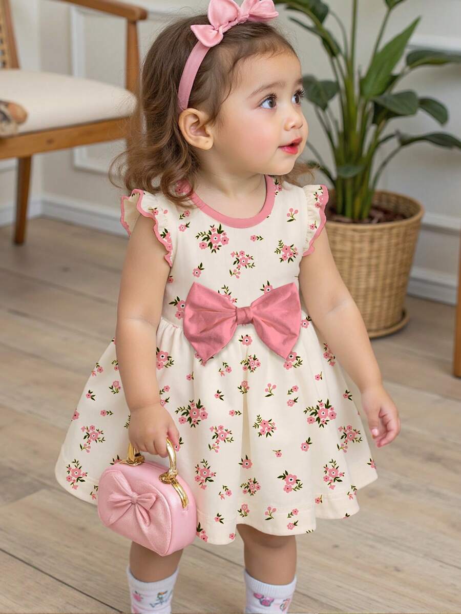 SHEIN 女宝宝花卉图案甜美蝴蝶结卡通印花长袖连衣裙,时尚秋冬 - 彩色 - 查看 1