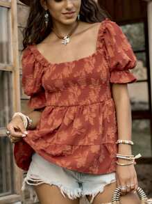 SHEIN LUNE 花卉印花荷叶边领短袖纽扣衬衫，夏季荷叶边上衣 - 鏽棕色 - 查看 1