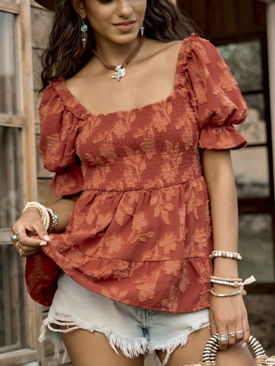 SHEIN LUNE 花卉印花荷叶边领短袖纽扣衬衫，夏季荷叶边上衣 - 鏽棕色 - 查看 1