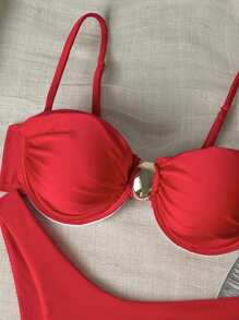 纯色细肩带钢圈上衣和泳裤两件套女士泳装套装，沙滩装 - 紅色 - 查看 3