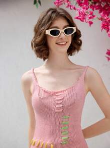 SHEIN Unity Gaun Mini Bodycon Rajut Patchwork Multi-Warna untuk Wanita, Gaun Musim Semi - MultiWarna - View 3