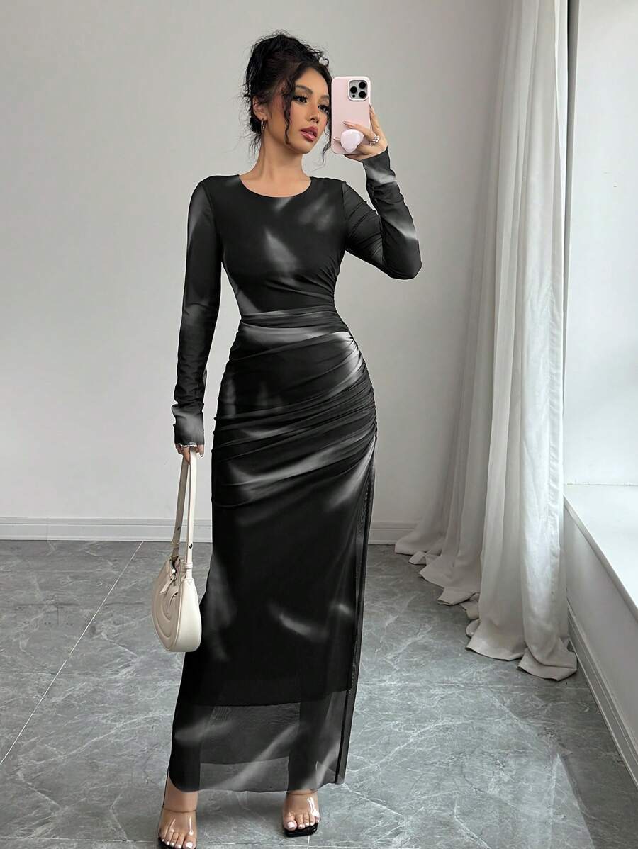 Elenzga Đầm Maxi Ôm Body Xếp Nếp Lưới In Màu Chuyển Sắc Thanh Lịch Cho Nữ - màu đen - Xem 1