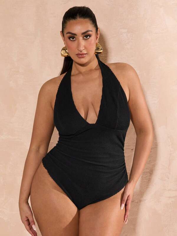 SHEIN BAE Plus Size Women's Summer Black V-Neck Snake Texture Stretch Knit Stretch V-Neck Vest Bodysuit/Top, Elegant Sexy Top, Versatile Daily Commuting, Afternoon Tea, Suitable For Vacation, Beach Wear, Y2K, Fashion Bodysuit, Easter Dress Women, Graduation Dress, Graduation Outfit, Rave Outfits, Club Outfits Women Sexy, Spring Outfits For Women, Summer Clothes