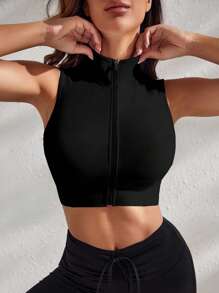 Easithlete Zip Up Crop Sports Tank Top Fitted Shirtworkout Tank Top - Black - View 3
