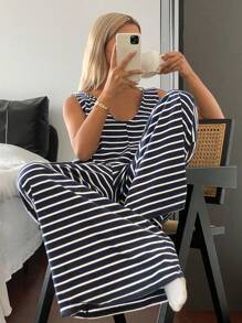 Livesso Simple Deep V-Neck Striped Sleeveless Jumpsuit Loungewear,Back To School Clothes Pajama