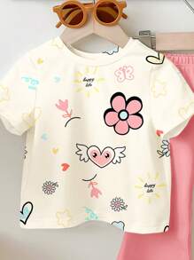 Happikins Cute Heart & Flower Pattern Baby Girl Casual Simple Short Sleeve Crew Neck T-Shirt & Bell-Bottom Pants Set, Suitable For Spring/Summer - Multicolor - View 5