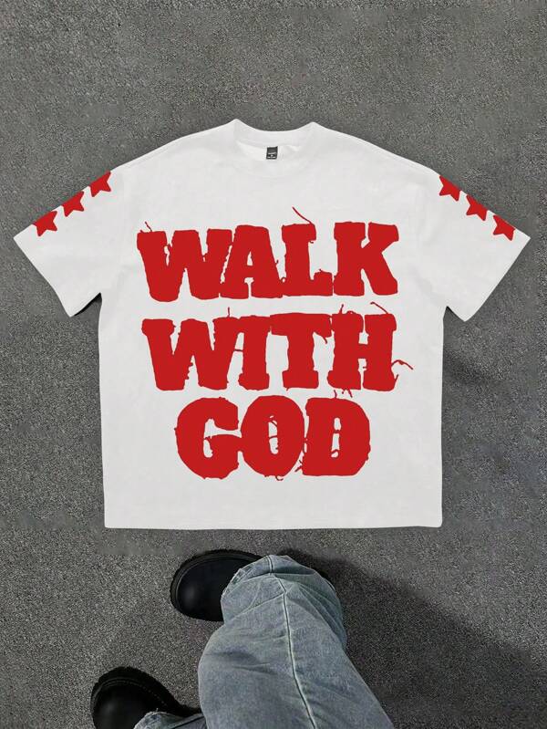 Manfinity ZONE917 Plus Size Men Street-Style Loose T-Shirt With Faux Embroidered Slogan & Star Pattern, Men Tshirt White With Red Design, Christian Graphic Tees Men