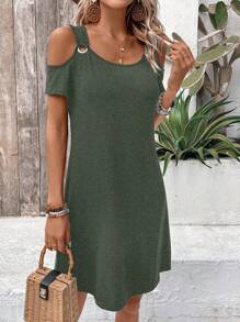 SHEIN LUNE Women Open Shoulder Plain Minimalist Casual Dress, Suitable For Summer - Olive Green - View 5