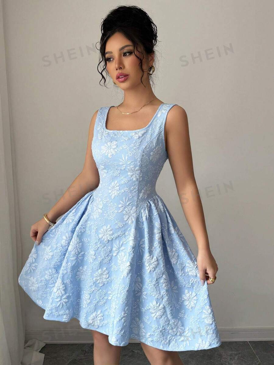 Elenzga Nuevo vestido sin mangas para mujer, cuello cuadrado, bajo en línea A con textura fruncida, tela floral tejida, unicolor, elegante y versátil minivestido delicado de cintura estilizadora para uso diario casual y de oficina