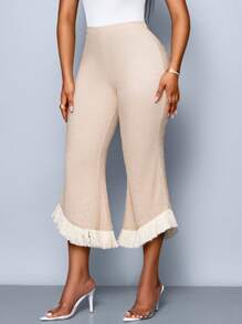 SOLERSUN Summer Women's Clothing, Leisure And Vacation, Daily Style, Apricot Color, Textured Fabric, Asymmetric Hem, Loose Flared Pants, Fringed Hem Decoration, Knitted Trousers