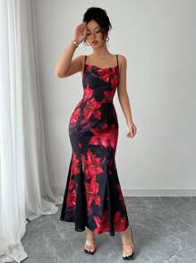 Chiquease Women's Floral Print Plunging Neckline Ruffle Hem Elegant Camisole Dress