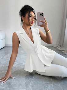 Elenzga Women's Elegant Sleeveless Shirt With Collar, Large Buttons, Waist Cutout Splice, Asymmetric Hem, Green Woven Fabric, Suitable For Vacation, Spring/Summer - White - View 3