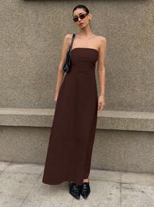 DAZY 女士无袖纯色连衣裙，优雅度假风格，春夏亚麻太阳裙 - 中紫紅色 - 查看 4