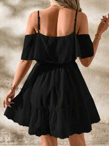 SHEIN Clasi 优雅女士白色纯色刺绣荷叶摆领吊带收腰 A 字裙，春夏连衣裙，适合各种场合穿着 - 黑色 - 查看 2