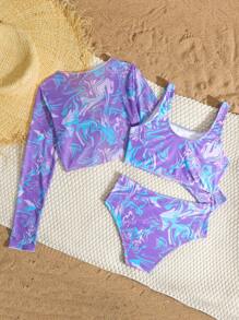 Tween Girls All-Over Print Bikini Swimsuit + Long Sleeve Rash Guard, Split Swimwear 3-Piece Set - Multicolor - View 2