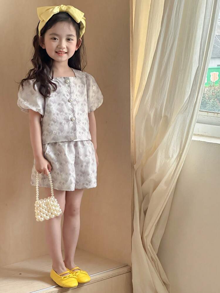 2pcs Girls Short Sleeve Square Neck Top And Shorts Set, Summer