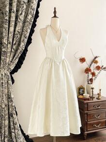 Vintamour Vestito elegante vintage da donna, con collo a capestro jacquard, fiocco, abbigliamento estivo per vacanze, abito estivo da donna, abito da sera bianco, abito di Pasqua per donna, abito bianco da donna, abbigliamento primaverile da donna, abiti primaverili da donna, vestiti estivi da donna, abiti da vacanza per donna, abito da ospite del matrimonio, abbigliamento da vacanza per donna, abiti estivi da donna, abiti da cerimonia da donna, abiti eleganti corsetto, abito di laurea, abiti per compleanni