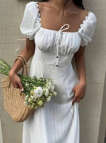 SHEIN Frenchy Schlichtes, strukturiertes, mittellanges Freizeitkleid für den Urlaub für Damen, strukturierter Stoff, Schleife zum Binden, weiß, Hochzeitssaison, Sommerkleidung für Damen, geeignet für den Alltag und den Urlaub