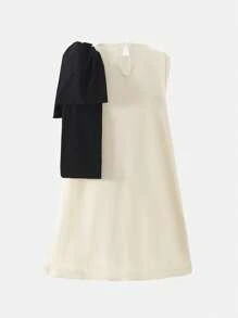 Tween Girl Minimalist Stylish Elegant Round Neck Sleeveless Loose Short Colorblock Design Detachable Bow Ruffle Hem Dress, Summer - Beige - View 2