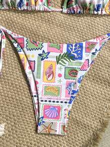 Soleia 2 件女式孔雀蓝针织卢勒克斯 V 领贝壳链系带沙滩比基尼套装