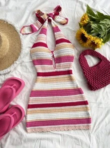 Soleia Vestido de punto ajustado con cuello en V profundo y espalda descubierta, a rayas rosa, para vacaciones, talla grande para mujer, sexy