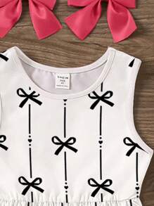 SHEIN 可爱条纹蝴蝶结印花，年轻女孩休闲简约无袖中长连衣裙，适合夏季 - 彩色 - 查看 4