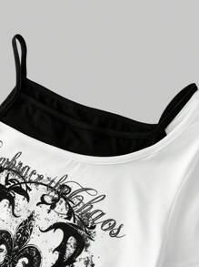 ROMWE Grunge Punk Grunge Vine Plant Print Pattern Rock Music Festival 2 In 1 Contrast Color Drop Shoulder Women T-Shirt