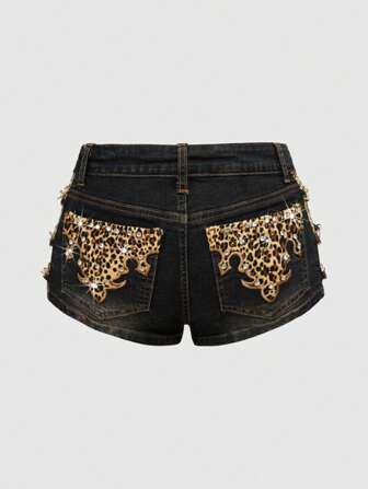 J-Fashion Pantalones cortos vaqueros de talle ultra bajo retro de estilo Gyaru Y2K con patchwork de encaje, talla grande para mujeres