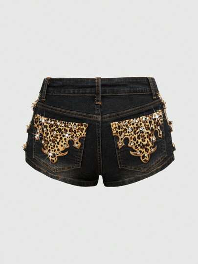 J-Fashion Y2K Harajuku Gyaru Y2K Lace Patchwork Low Waist Cross Retro Skinny Ultra-Low Waist Plus Size Women's Denim Shorts