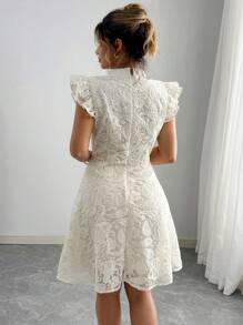 Elenzga 大码女式盖袖刺绣连衣裙，优雅浪漫的法式风格 - 杏色 - 查看 2