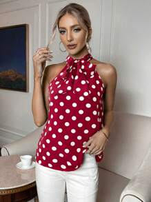 SHEIN Privé Women's Elegant Office Commute Polka Dot Print Halter Shirt