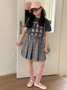 DAZY Ensemble 2 pièces pour filles pré-adolescentes: T-shirt à manches courtes avec imprimé ours de bande dessinée et jupe plissée à carreaux. Tenues d'été pour filles, vêtements pour la rentrée scolaire - Gris - Voir 3