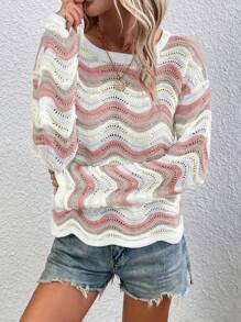 SHEIN LUNE Casual Contrast Wave Pattern Drop Shoulder Sweater, Autumn/Spring Knit Pullover Fall Winter - Multicolor - View 5