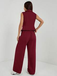 SHEIN PETITE Two Pieces Fall Outfits 2pcs/Set Women Solid Color Sleeveless Top And Pants Fall Clothes - Burgundy - View 2