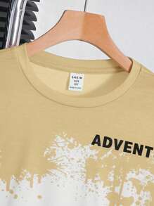 SHEIN Tween Boy Loose Streetwear Style Letter Print Short Sleeve T-Shirt And Shorts Set,Kids - Khaki - View 4
