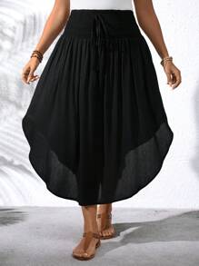 SHEIN LUNE Plus Size Solid Shirred Waist Curved Hem Skirt Maxi Vacation Beach Outfits Women