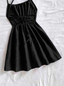SHEIN WYWH Đầm đen hở lưng mini dây chéo đỏ gợi cảm - màu đen - Xem 7
