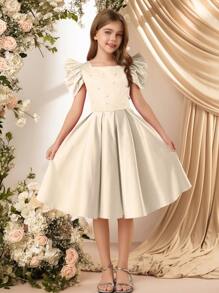 SHEIN Tween Girls' Luxurious Pearl Beaded Puff Sleeve Satin Dress, Filipiniana Terno - Apricot - View 3