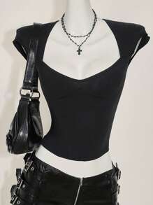 SHEIN ICON Sexy Sweetheart Neck Backless Basic Casual T-Shirt, Moisture Wicking & Breathable, Black,Rave Top - Black - View 3