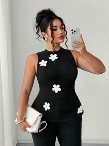Elenzga 圆领休闲优雅花卉装饰大码女式背心，无袖，宽松版型，适合度假 - 黑色 - 查看 1