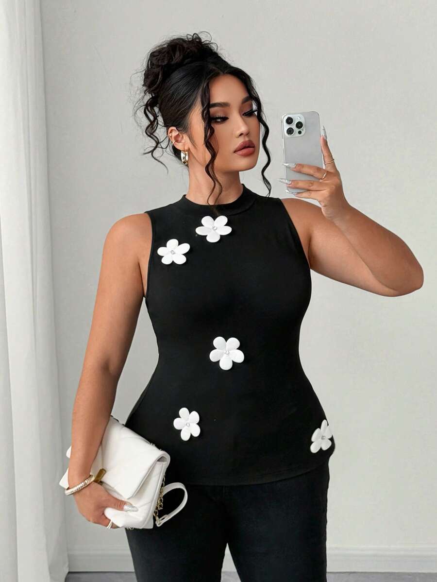 Elenzga 圆领休闲优雅花卉装饰大码女式背心，无袖，宽松版型，适合度假 - 黑色 - 查看 1