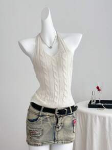 Comfortcana Women's Holiday Solid Halter Backless Tied Knitted Blouse - Apricot - View 3